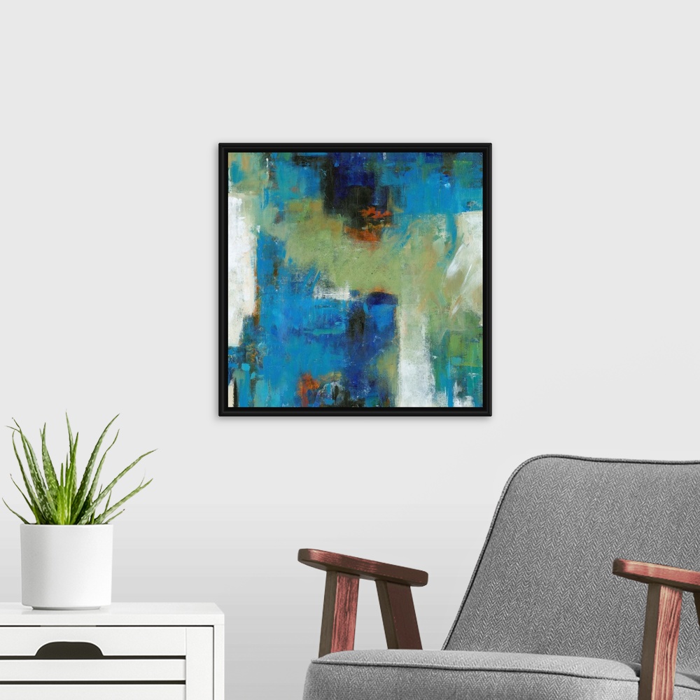 A modern room featuring Contemporary abstract painting using vibrant blue and green tones.
