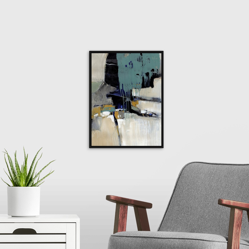 A modern room featuring Contemporary artwork with layers of dripping paint and overlapping abstract shapes.