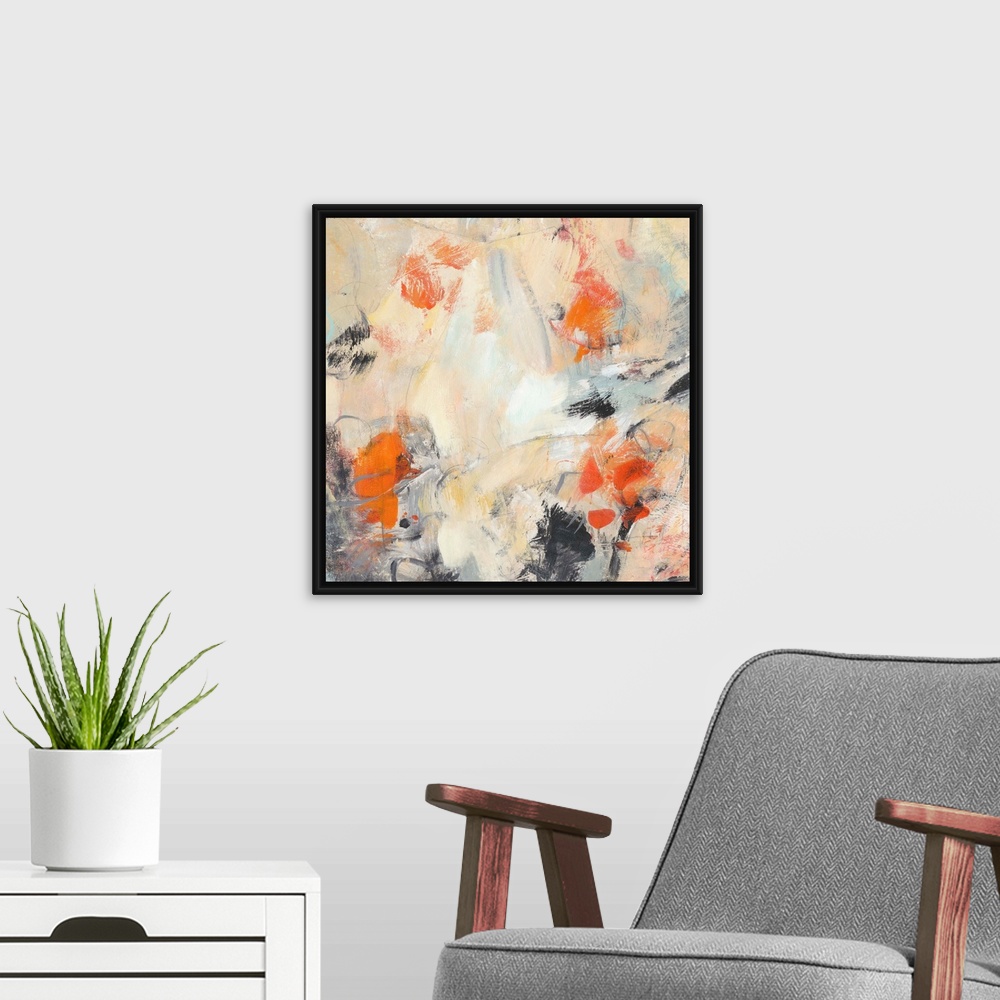 A modern room featuring Contemporary abstract painting in various colors like muted orange and bright orange-red.