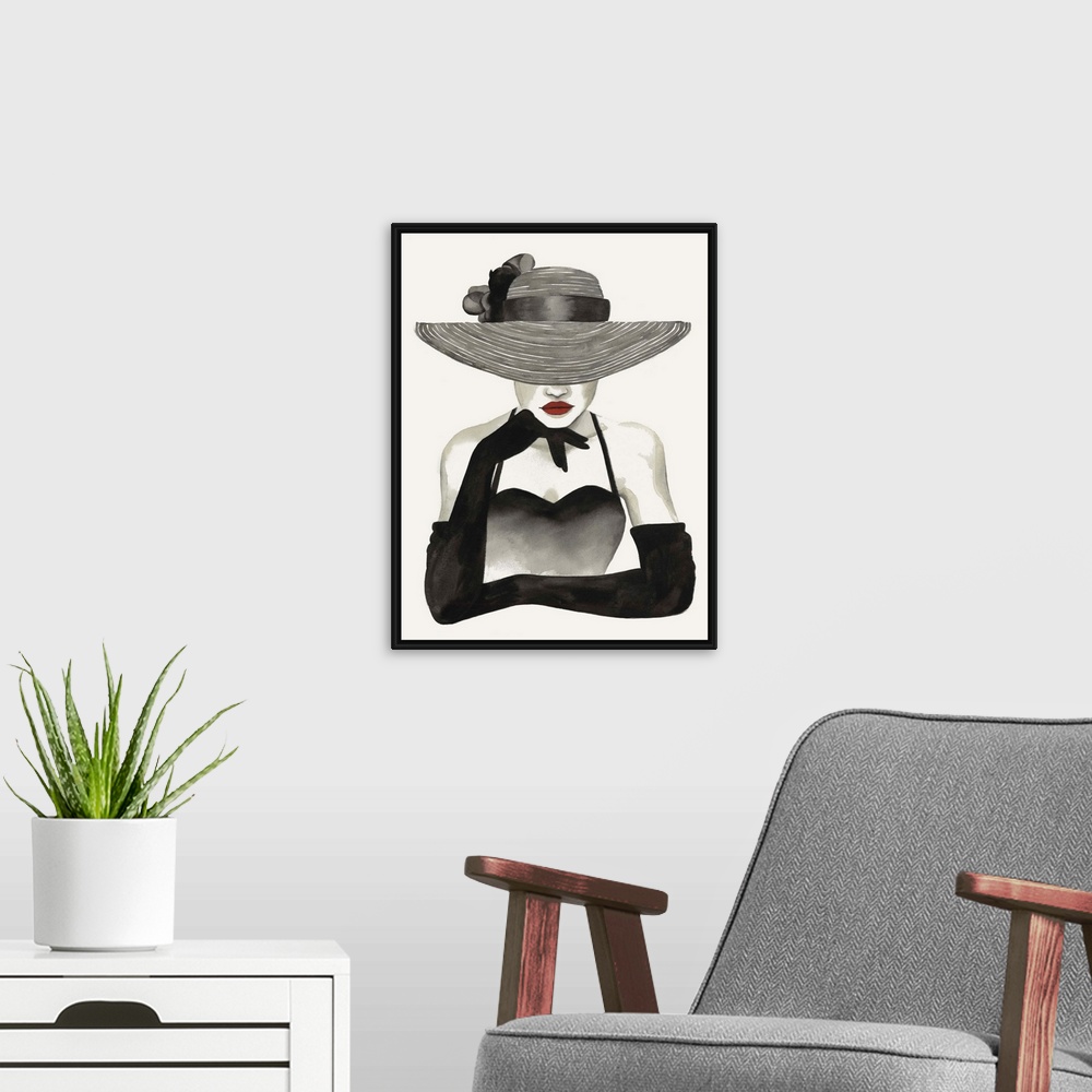 A modern room featuring Fashion docor image of a slender woman wearing elbow length black gloves and a large straw hat. H...