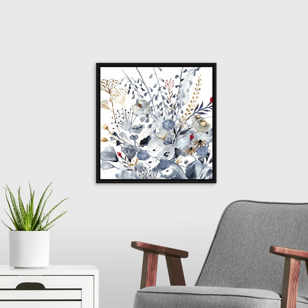 A modern room featuring Square watercolor painting of indigo, orange, and red wildflowers.