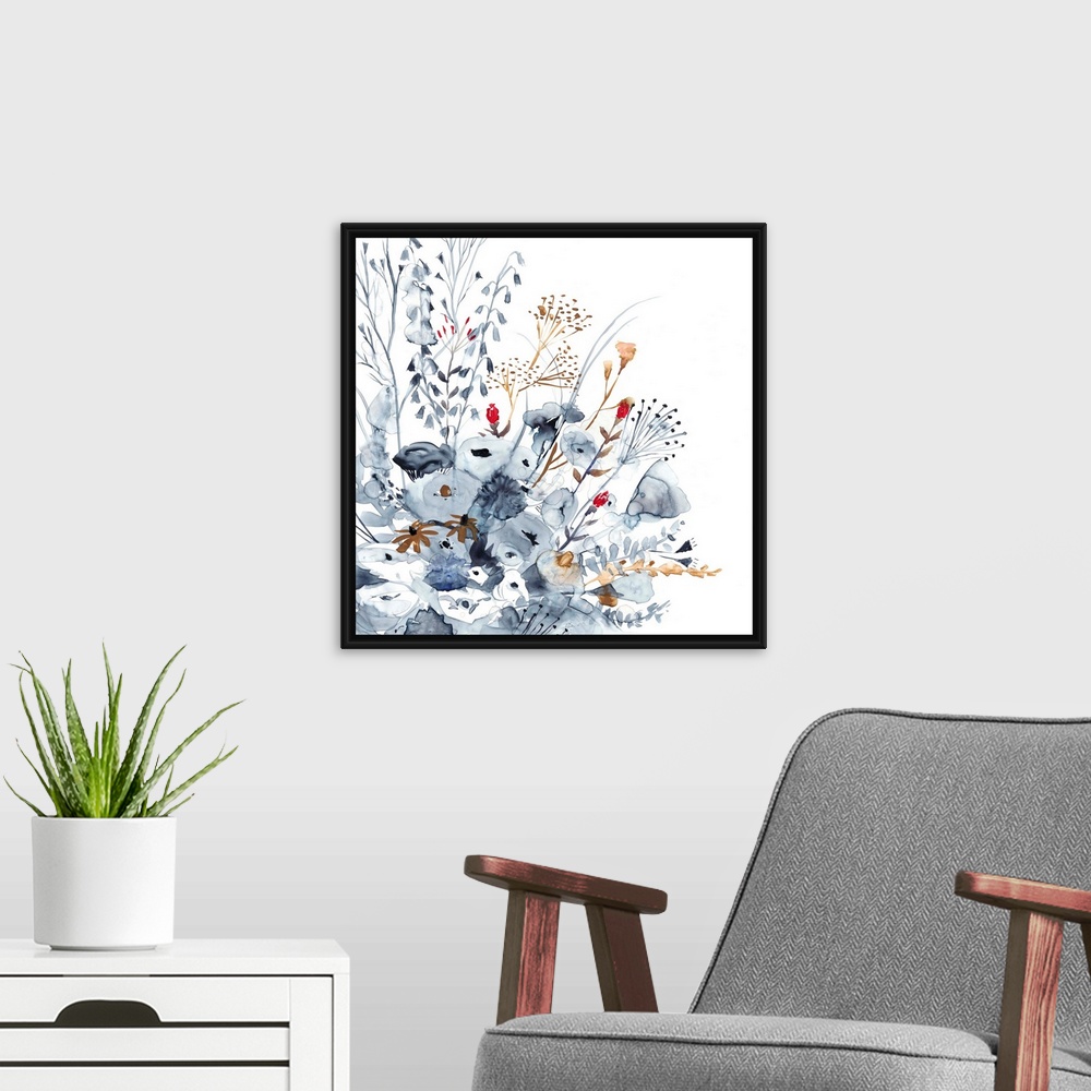 A modern room featuring Square watercolor painting of indigo, orange, and red wildflowers.