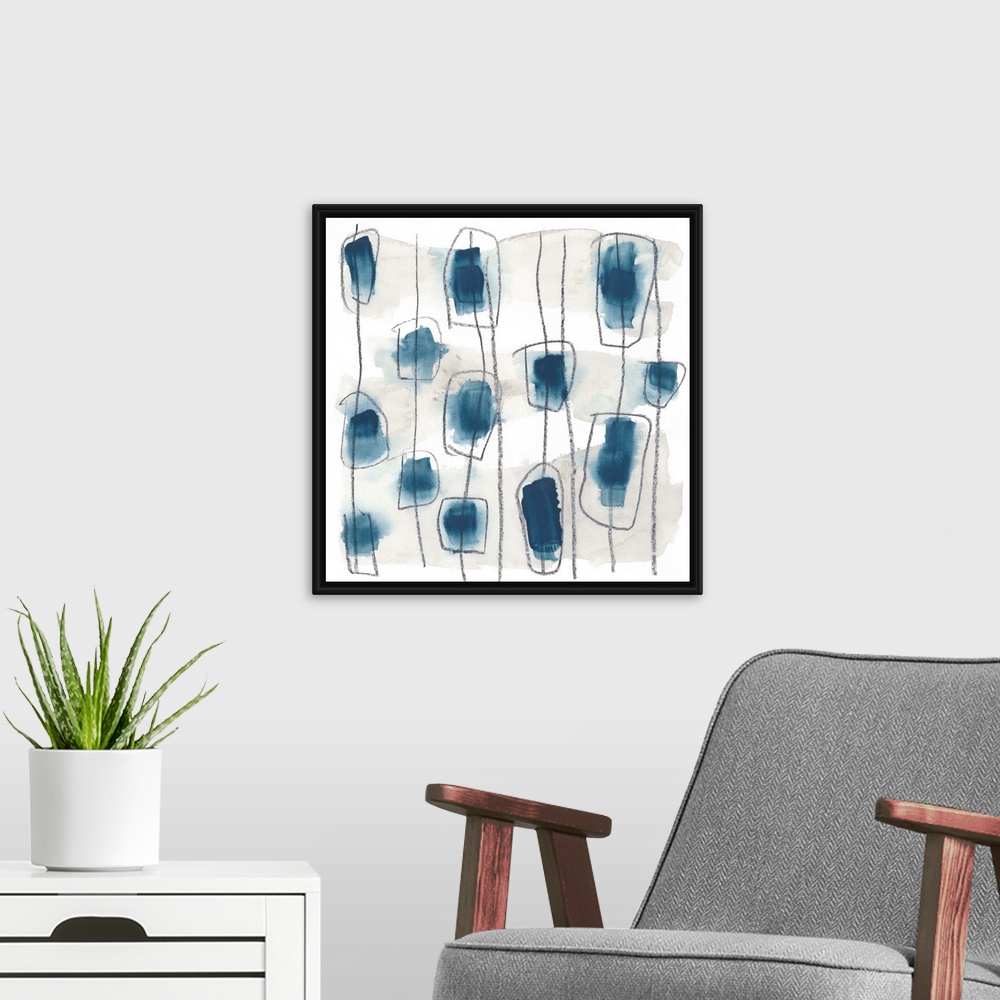 A modern room featuring Contemporary abstract painting in gray and indigo blue.