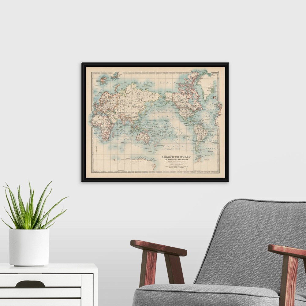 A modern room featuring Vintage map of the world on Mercators Projection.