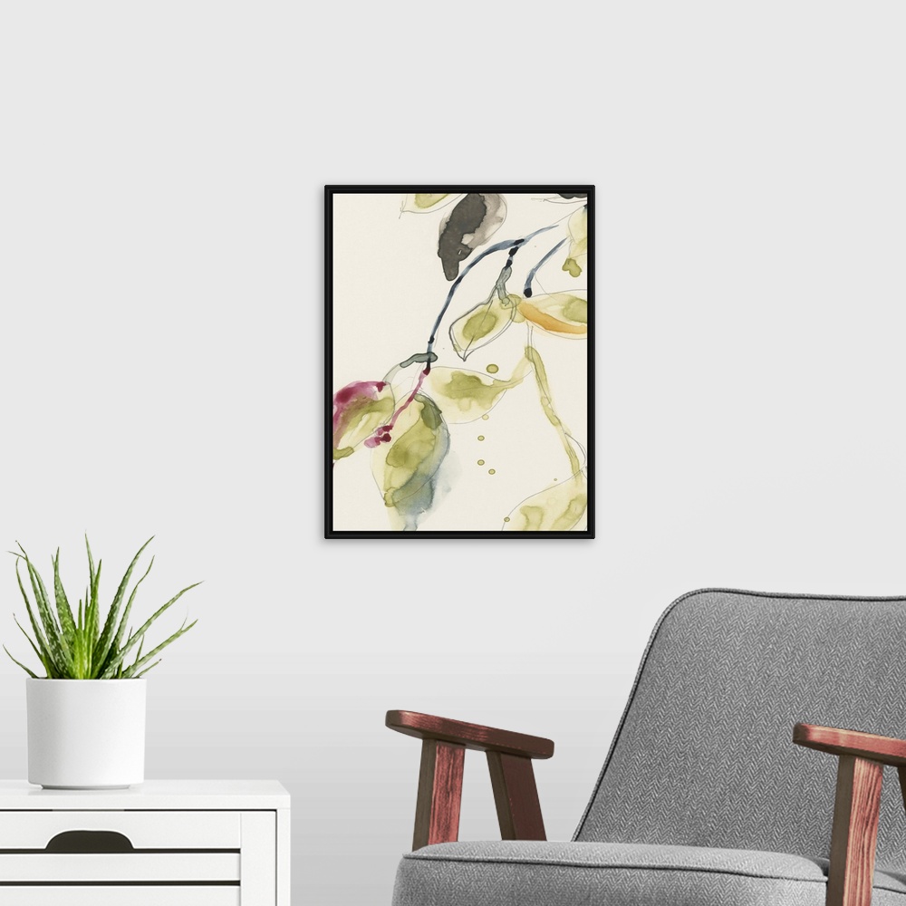 A modern room featuring Watercolor abstract branches and leaves. Part of a triptych.
