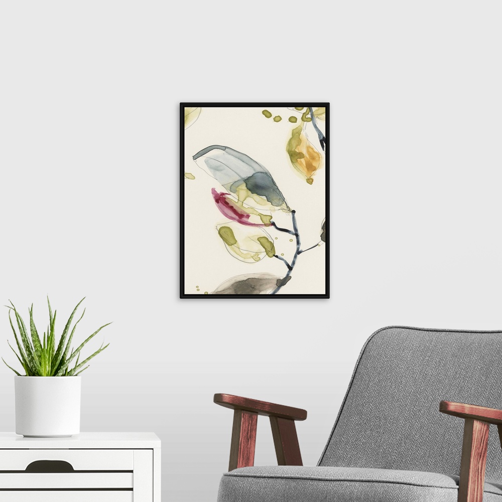 A modern room featuring Watercolor abstract branches and leaves. Part of a triptych.
