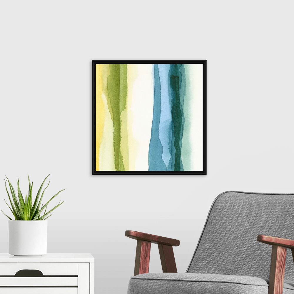 A modern room featuring Contemporary wall art for the home or office this square wall art is made with vertical watercolo...