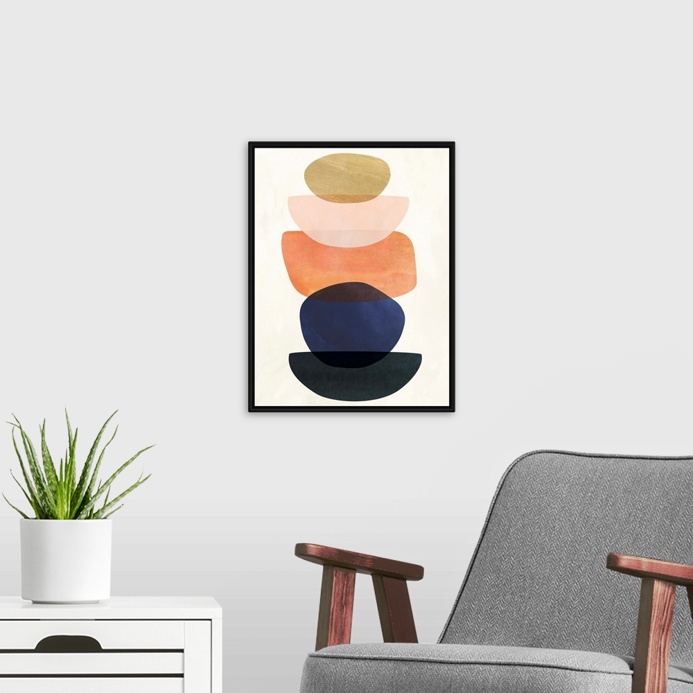 A modern room featuring Mid-century modern style abstract painting with multi-colored overlapping shapes.