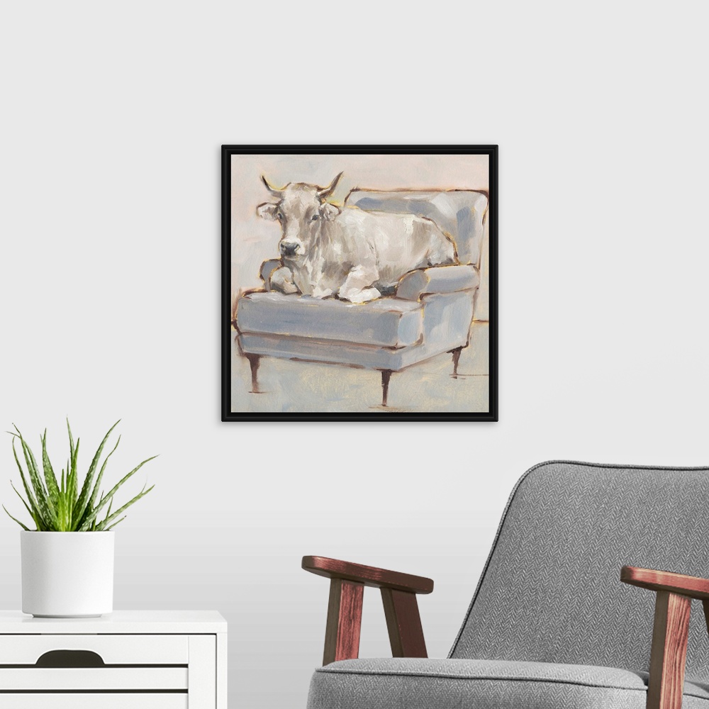 A modern room featuring A whimsical composition of a large white cow lying comfortably on a luxe light blue chair. With i...