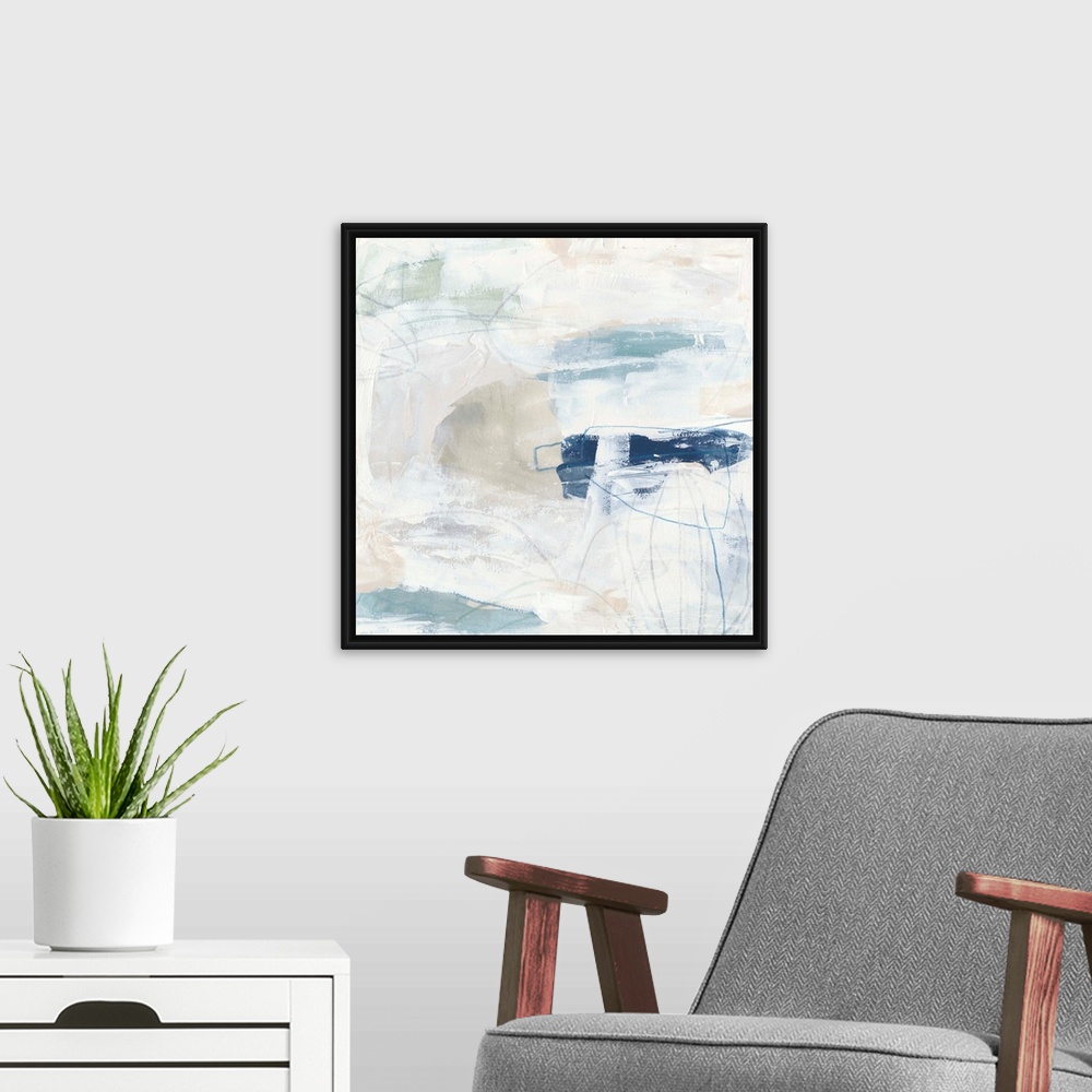 A modern room featuring White, pale blue, and neutral browns come together to construct this abstract painting reminiscen...