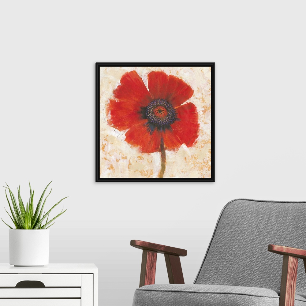 A modern room featuring Creative painting of a bright red poppy on a mottled gold and beige backdrop.