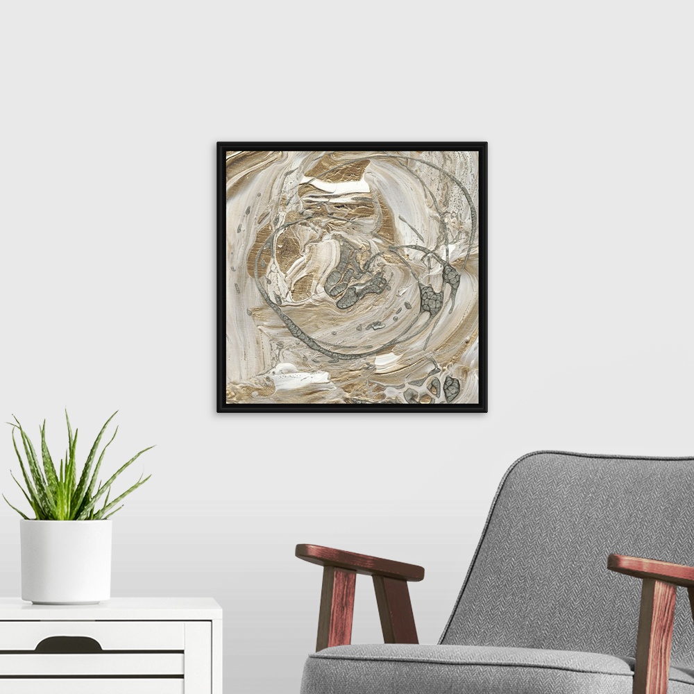 A modern room featuring Abstract painting of swirls of white, gray and gold with drips of overlapping silver.