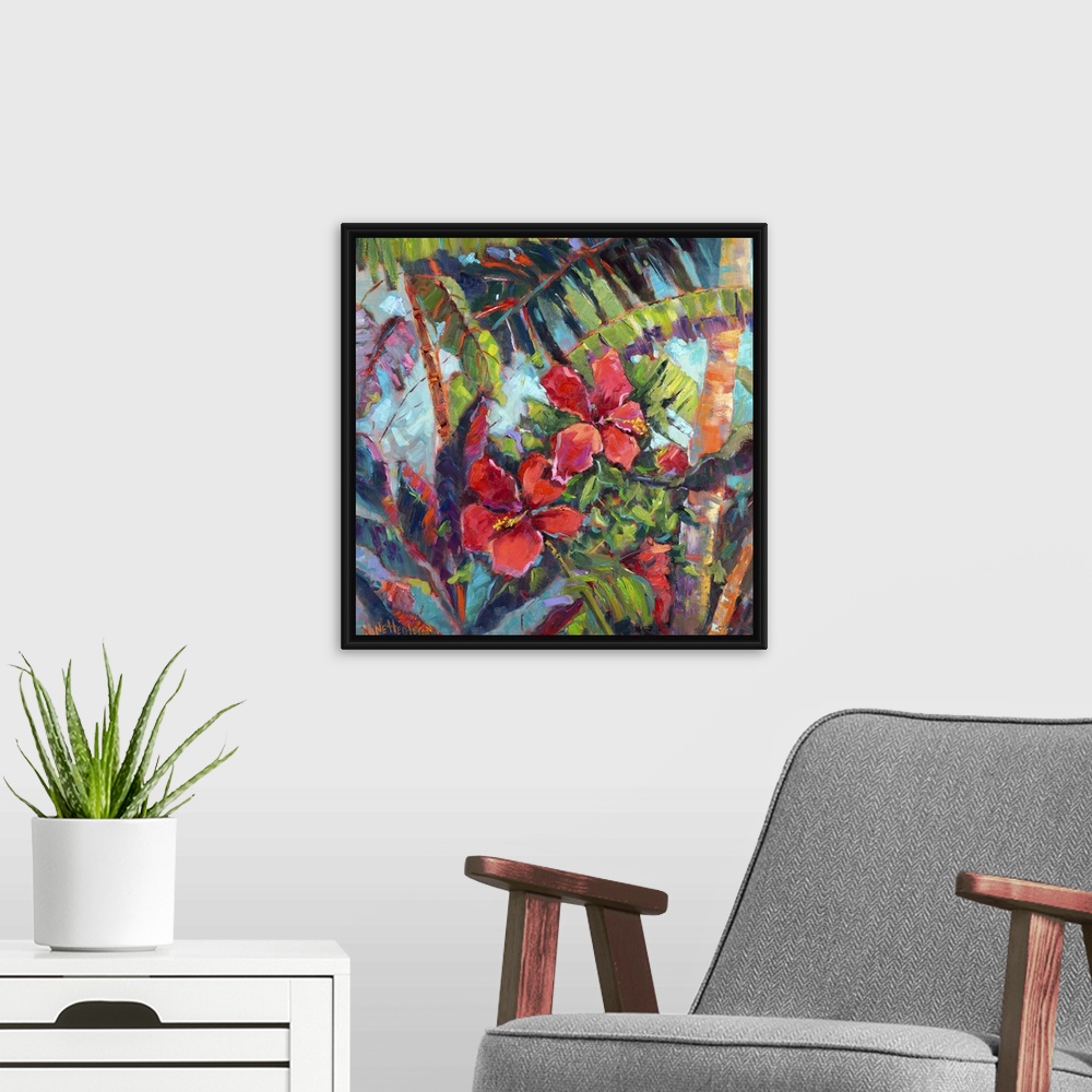 A modern room featuring Contemporary artwork of tropical hibiscus flowers in a jungle.