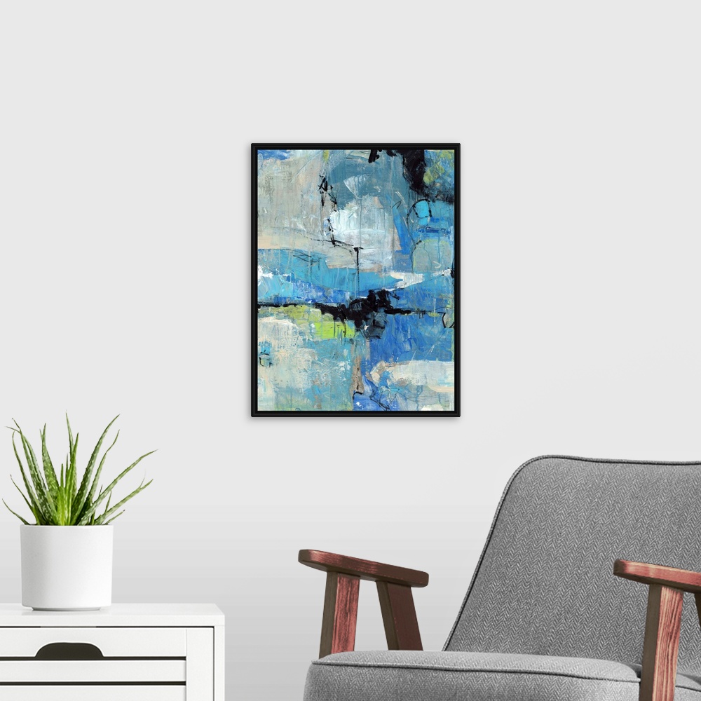 A modern room featuring Big abstract painting on canvas of various cool tones and shapes with painted lines dripped on top.
