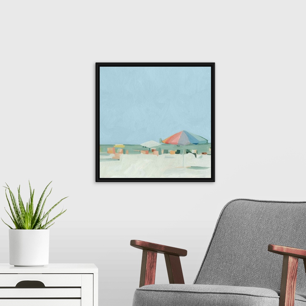 A modern room featuring Abstracted beach scene in pastel colors.