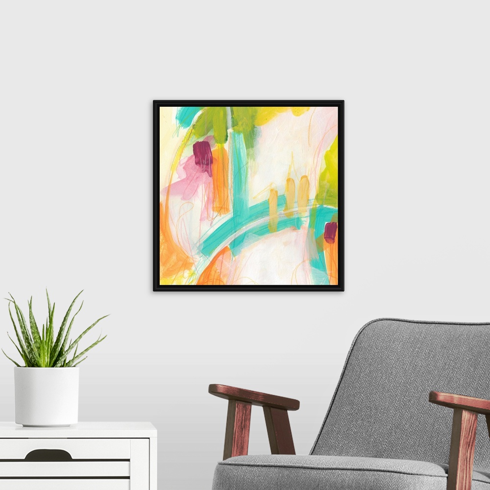 A modern room featuring Abstract painting using vibrant colors such as orange and teal to create wild shapes using broad ...