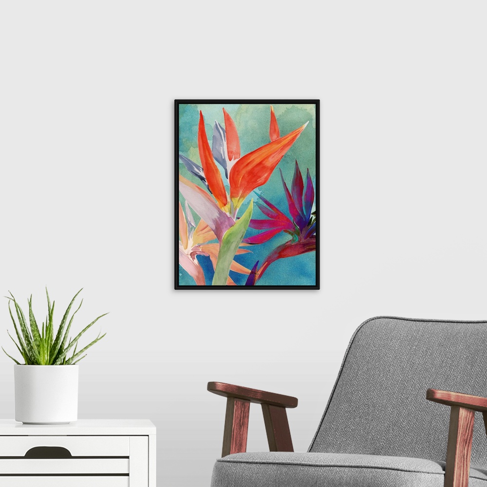A modern room featuring Vivid Birds of Paradise I