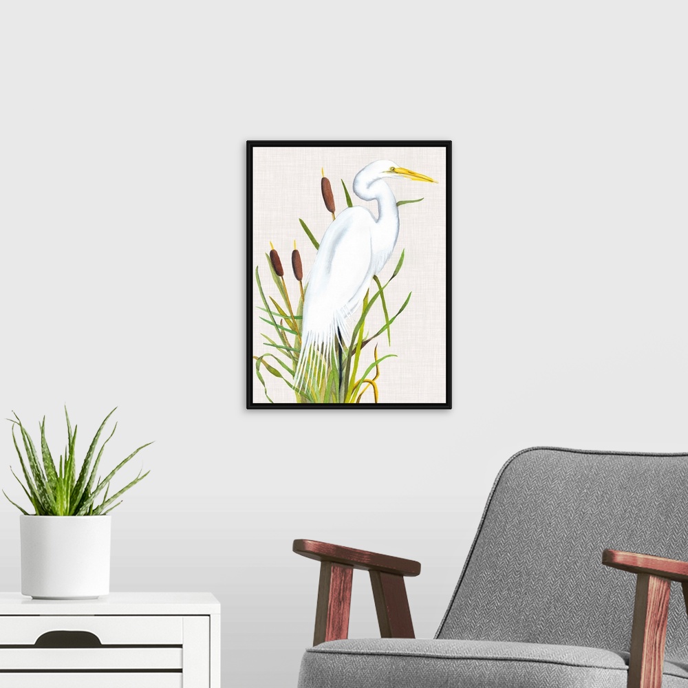 A modern room featuring Painting of a white egret standing in tall reeds.