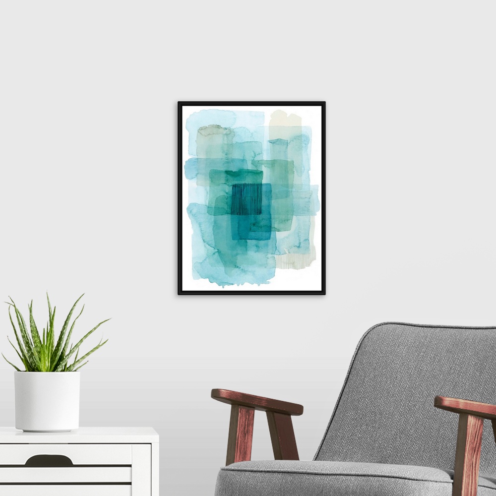A modern room featuring Contemporary watercolor abstract in shades of blue.
