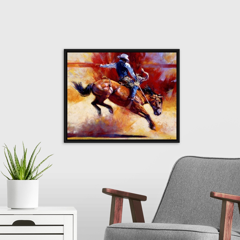 A modern room featuring Contemporary painting of a cowboy riding a horse that is in mid action throwing up dust on canvas.