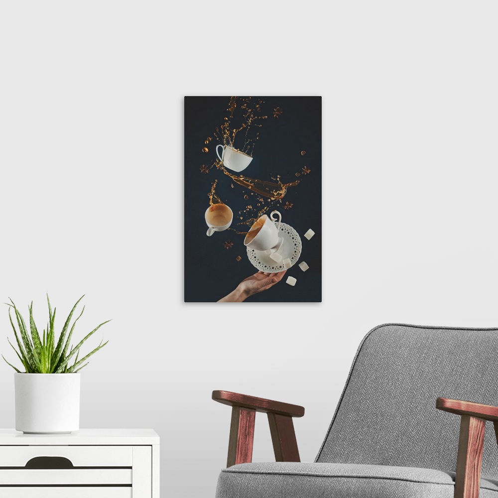 A modern room featuring Flying coffee cups with saucer, dynamic splashes and falling sugar cubes on a black background. D...