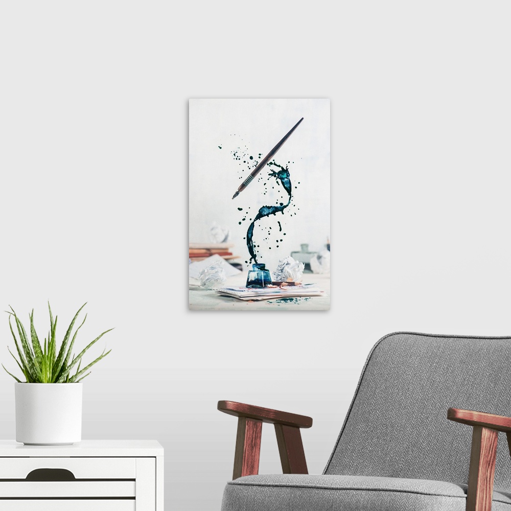 A modern room featuring Spilled ink flying above inkwell in a spiraling splash with tiny drops and flying pen on a light ...