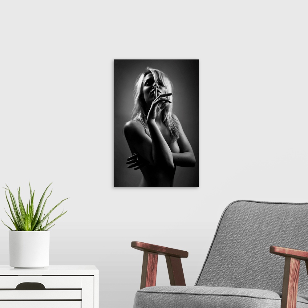 A modern room featuring Portrait of a beautiful woman holding a finger up to her mouth in silence.