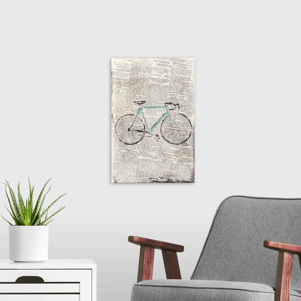 A modern room featuring Image of a bicycle on weathered news print.
