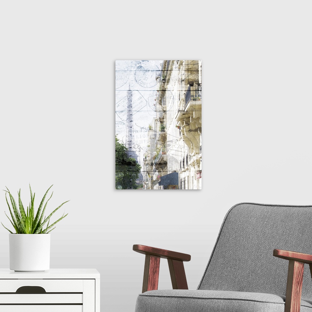 A modern room featuring Photograph of a Paris cityscape with buildings on the side and the Eiffel Tower in the background...