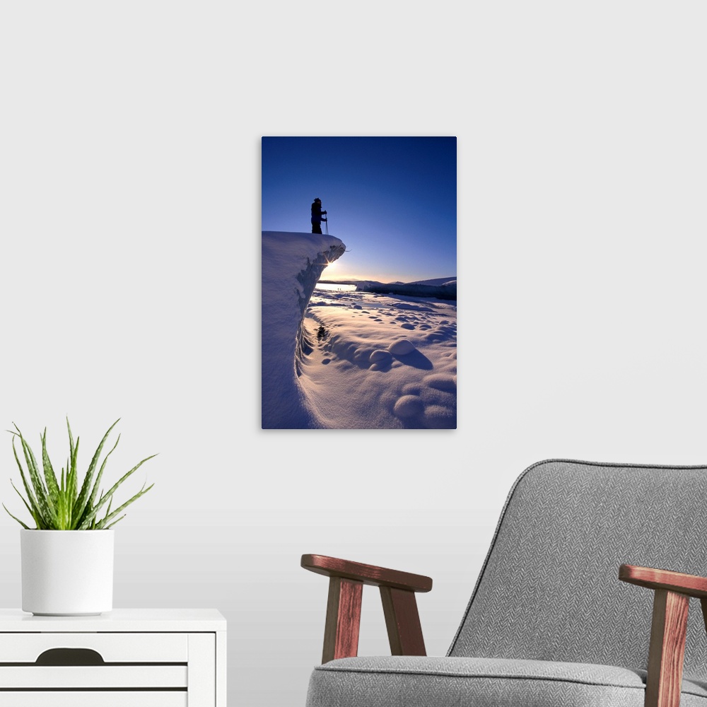 A modern room featuring Alaska, Juneau, Mendenhall Glacier, Nordic Skier Stands On Cliff At Sunset