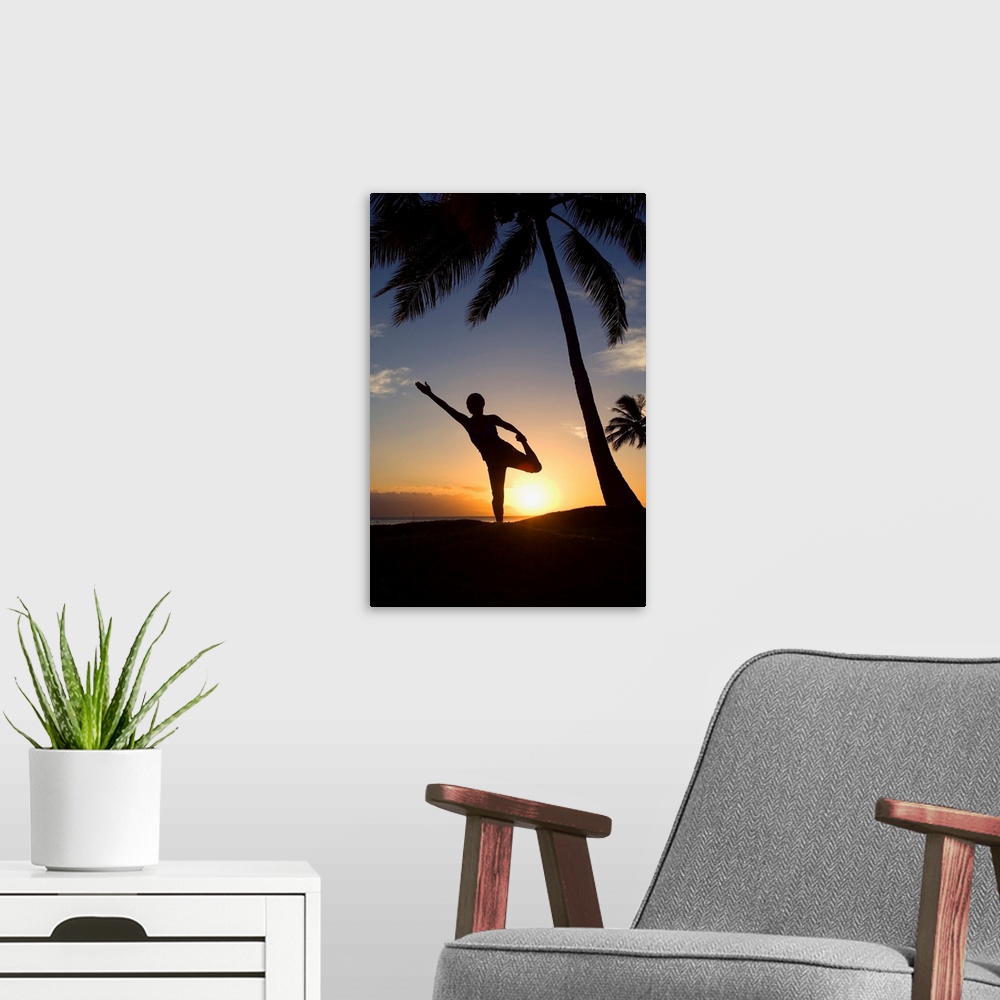 A modern room featuring Hawaii, Maui, Olowalu, Woman Doing Yoga At Sunset Under Palm Trees