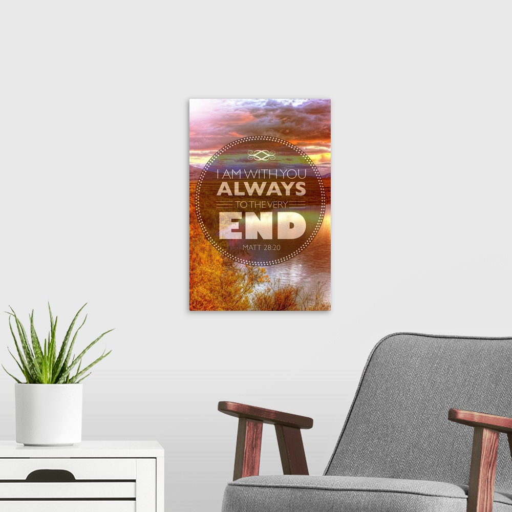 A modern room featuring Image Of A Colourful Sunset In A Cloudy Sky Reflected In A Tranquil Pond With A Scripture From Ma...