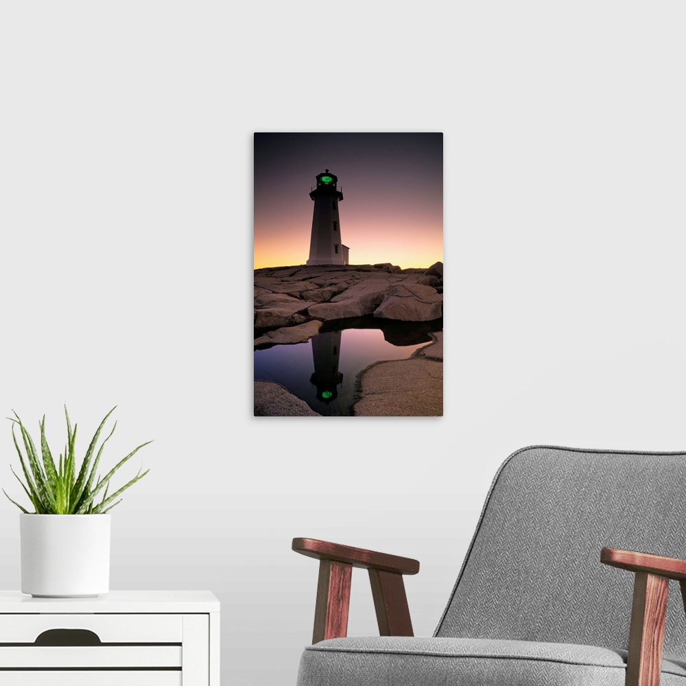 A modern room featuring Lighthouse At Dawn, Peggys Cove, Halifax County Nova Scotia, Canada