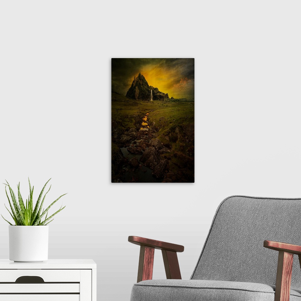 A modern room featuring Rugged rock formation with peaks against a dramatic glowing sky, a composite image; Dingle, Count...