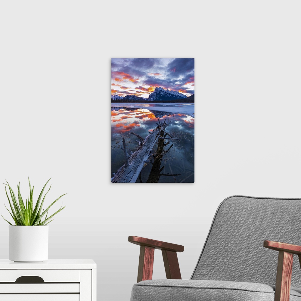 A modern room featuring Stunning sunrise at Vermillion Lakes backed by Mt. Rundle.