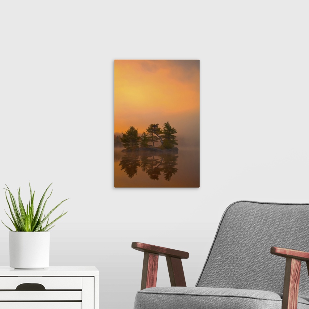 A modern room featuring Sunrise Colours With Autumn Morning Mists At Dollar Lake, Dollar Lake Provincial Park; Nova Scoti...
