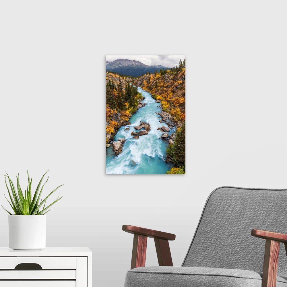 A modern room featuring The Tutshi River canyon as seen from the suspension bridge, British Columbia, Canada, Fall.
