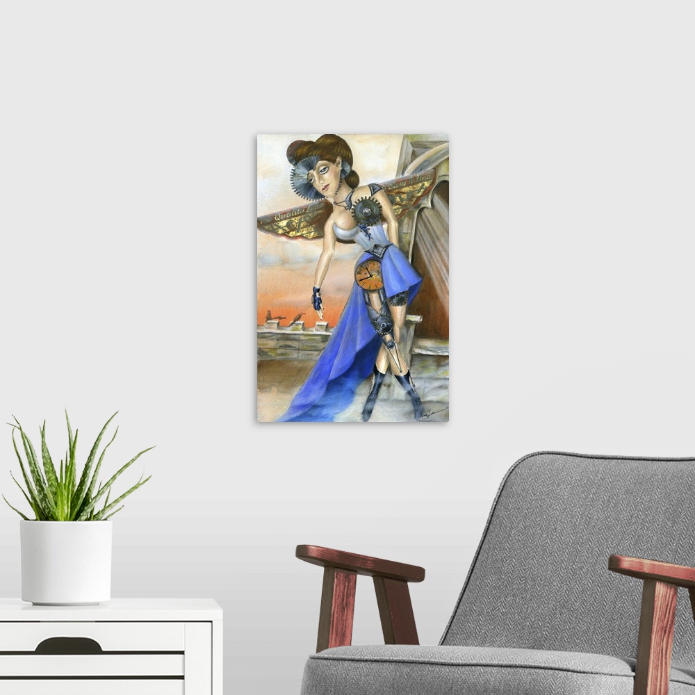 A modern room featuring An abstract painting of a woman that is part machine in blue.