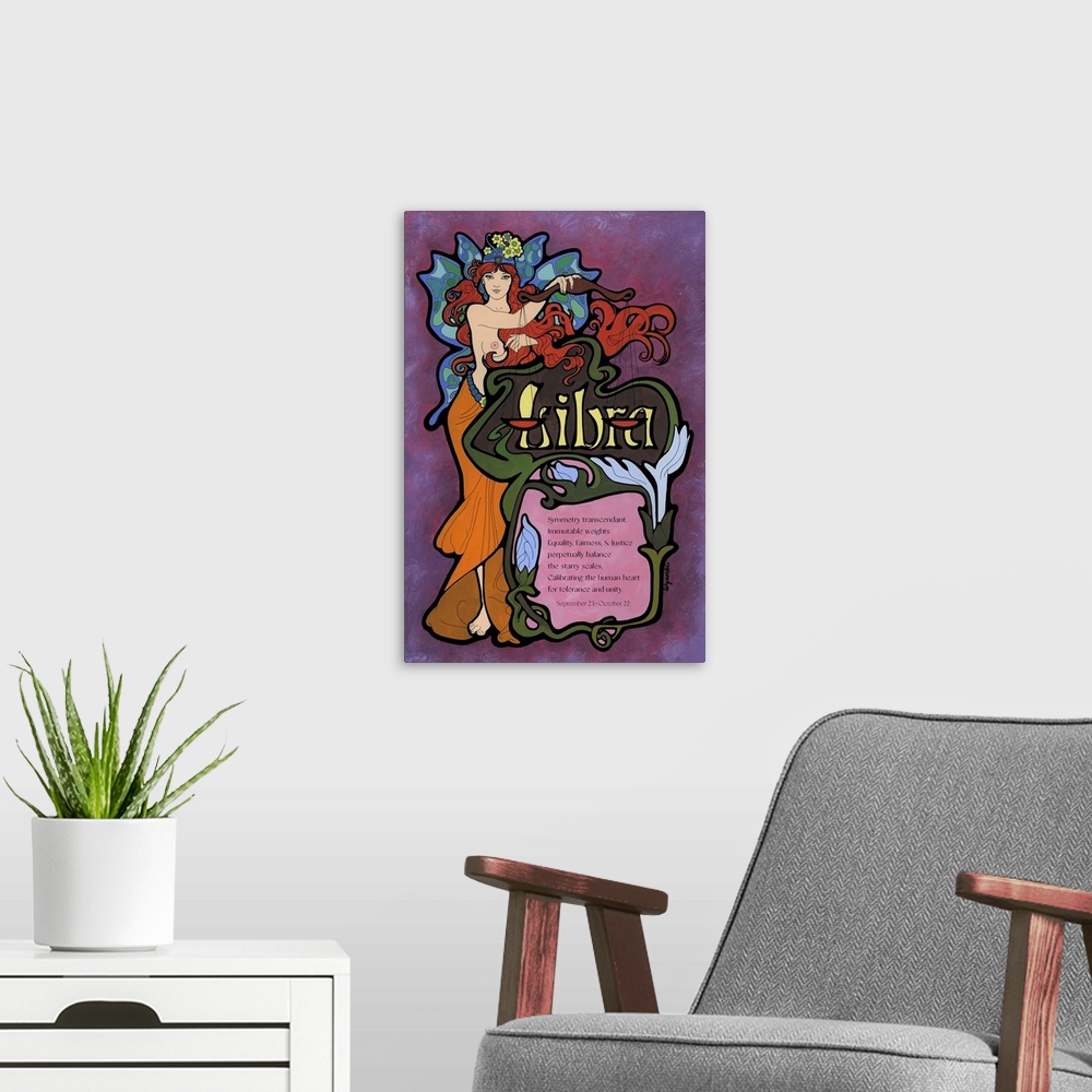 A modern room featuring Artwork and Poetry Focusing on the mythology of each sign, alluding to the astrological traits, w...