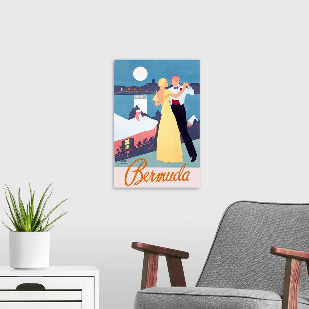 A modern room featuring Vintage travel poster for the island of Bermuda with an elegant couple dancing on the shores and ...