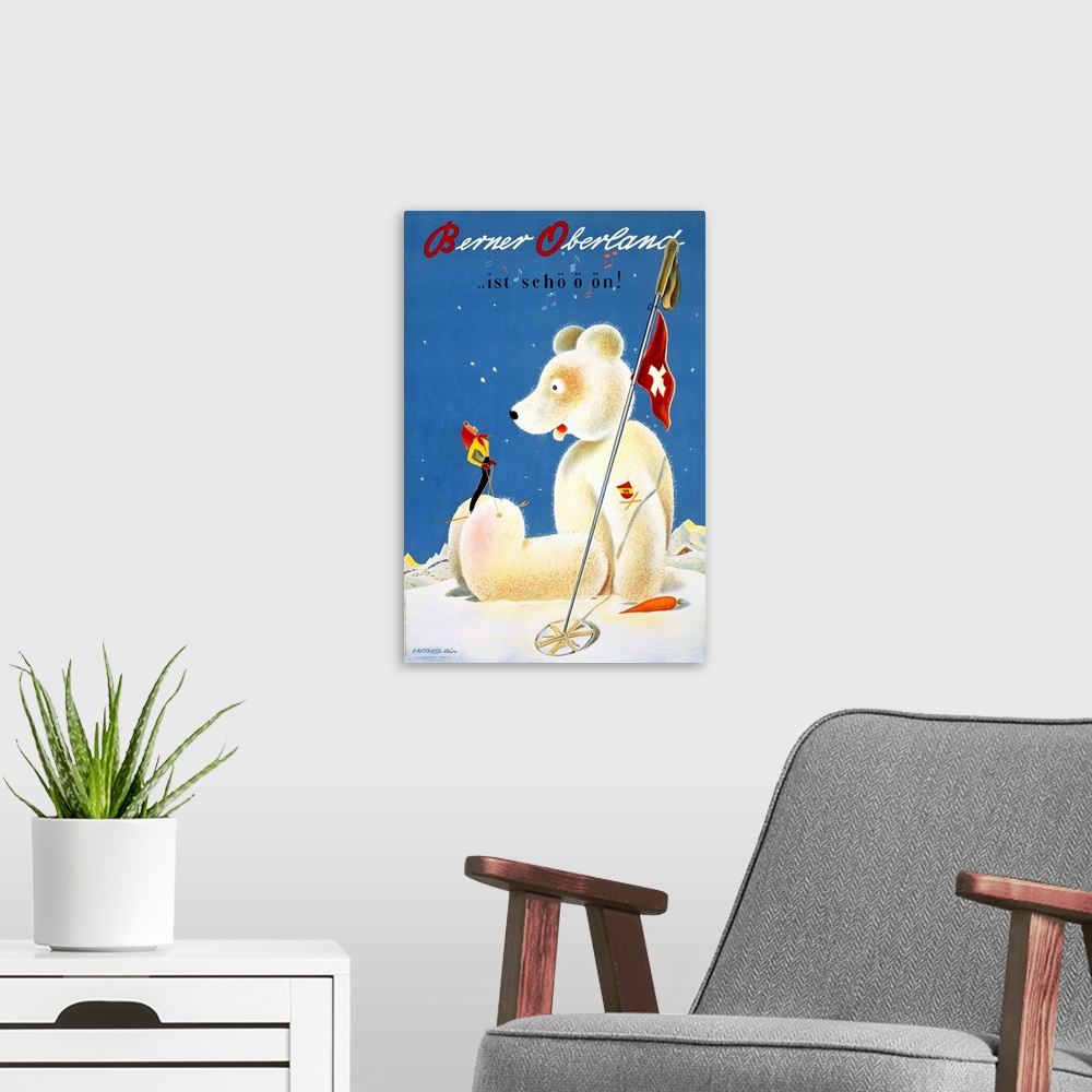 A modern room featuring This vintage artwork shows a giant teddy bear sitting in the snow with a skier standing on its fo...