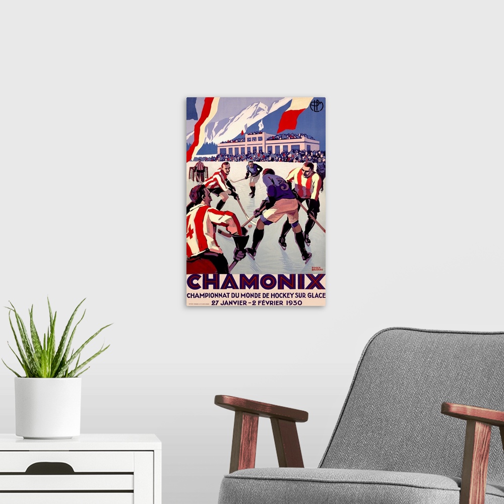 A modern room featuring Large, vertical,  Art Deco style, French vintage poster  of Championnat Du Monde De Hockey.  Two ...