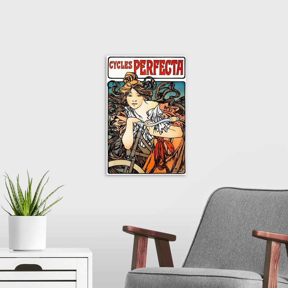 A modern room featuring Art Nouveau poster of a beautiful female figure draped over a bicycle with flowing hair.