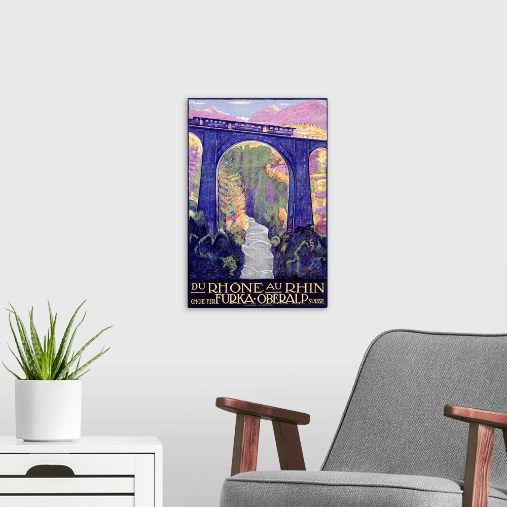 A modern room featuring Antiqued poster of a train riding across a tall bridge over a river with colored trees and mounta...