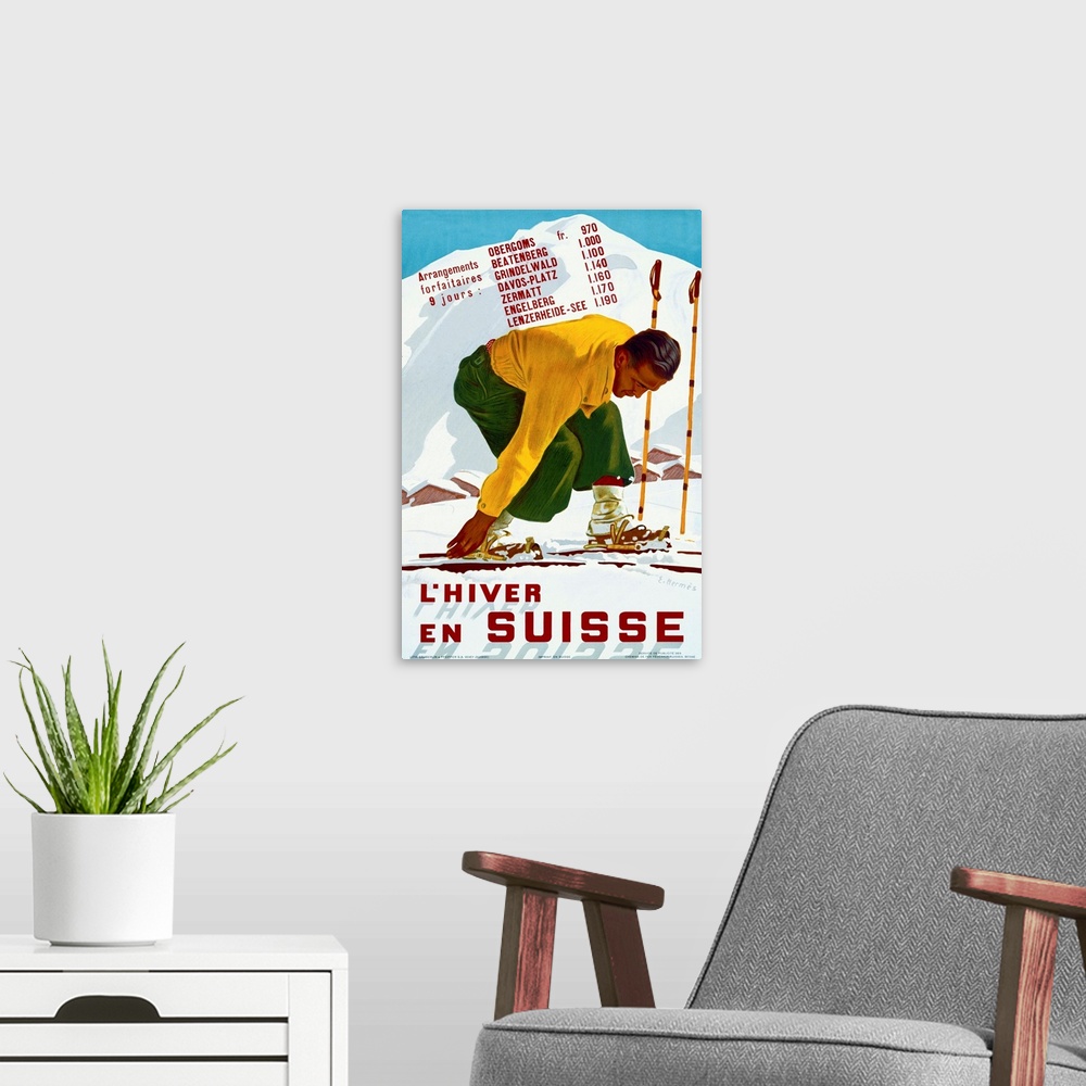 A modern room featuring Hiver En Suisse, Vintage Poster, by Erich Hermes