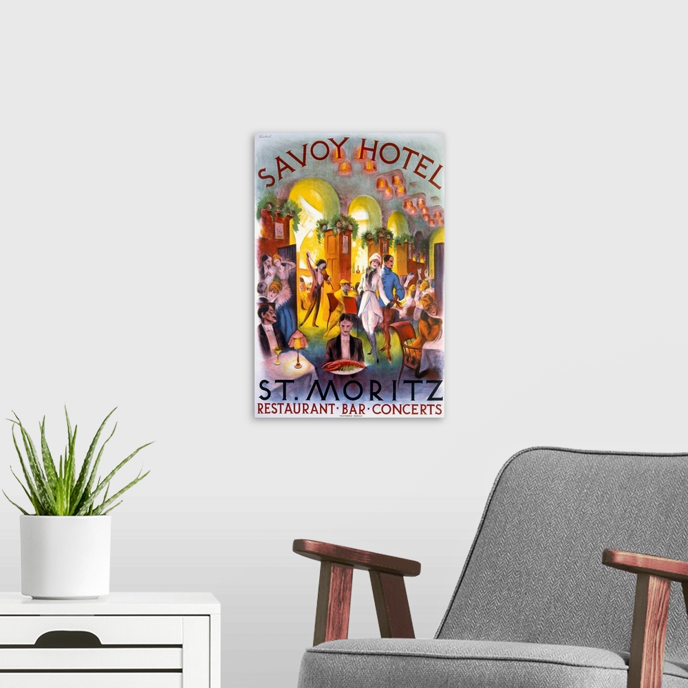 A modern room featuring Oversized, vertical vintage advertising poster for the Savoy Hotel in St. Moritz. Many seated pat...