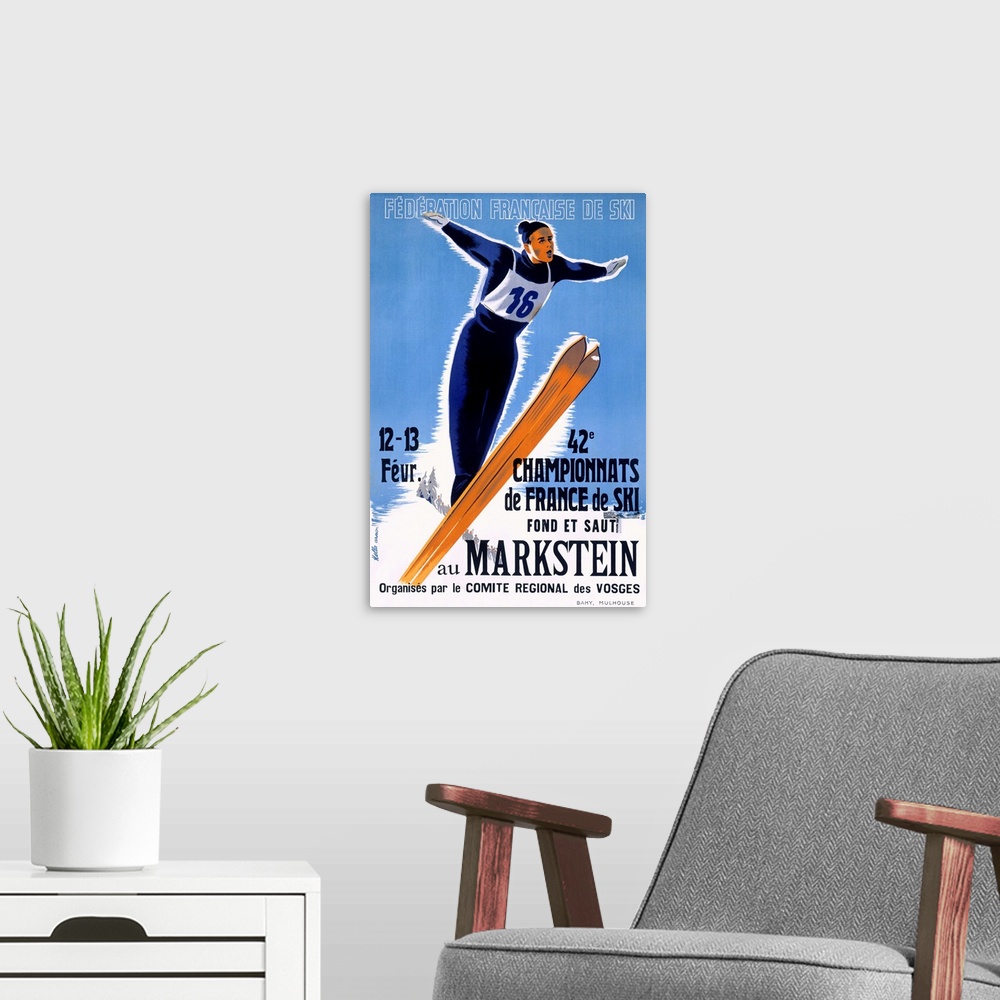 A modern room featuring Ski Championship, 42nd Championnats de France de Ski, Vintage Poster