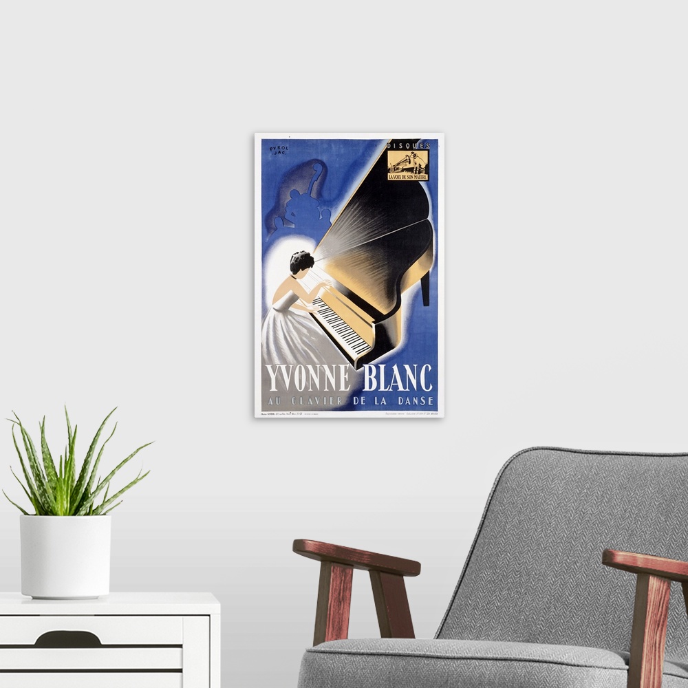 A modern room featuring Portrait vintage advertisement on a big wall hanging for jazz pianist, Yvonne Blanc.  An illustra...