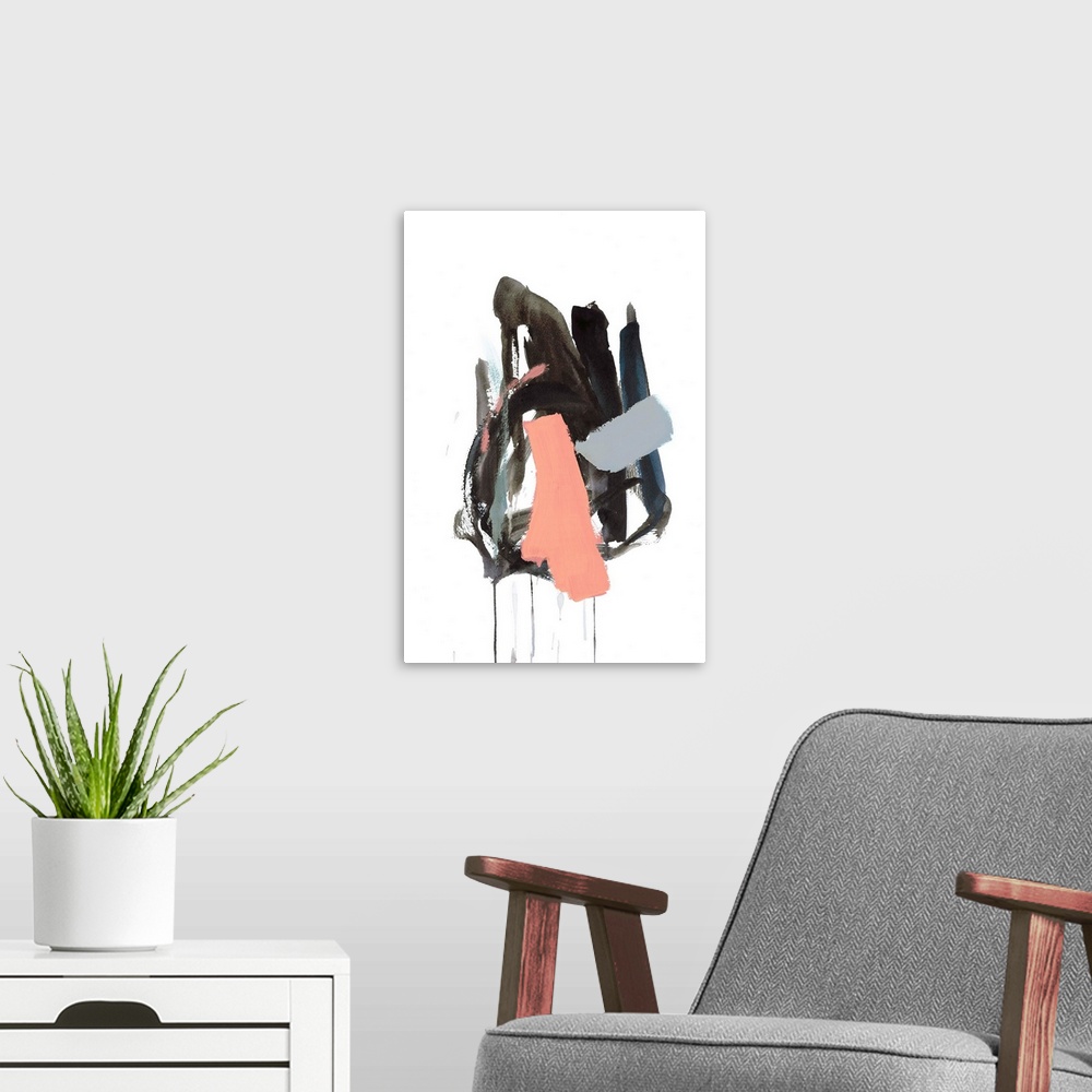 A modern room featuring Contemporary abstract painting in grey and coral with dripping paint.