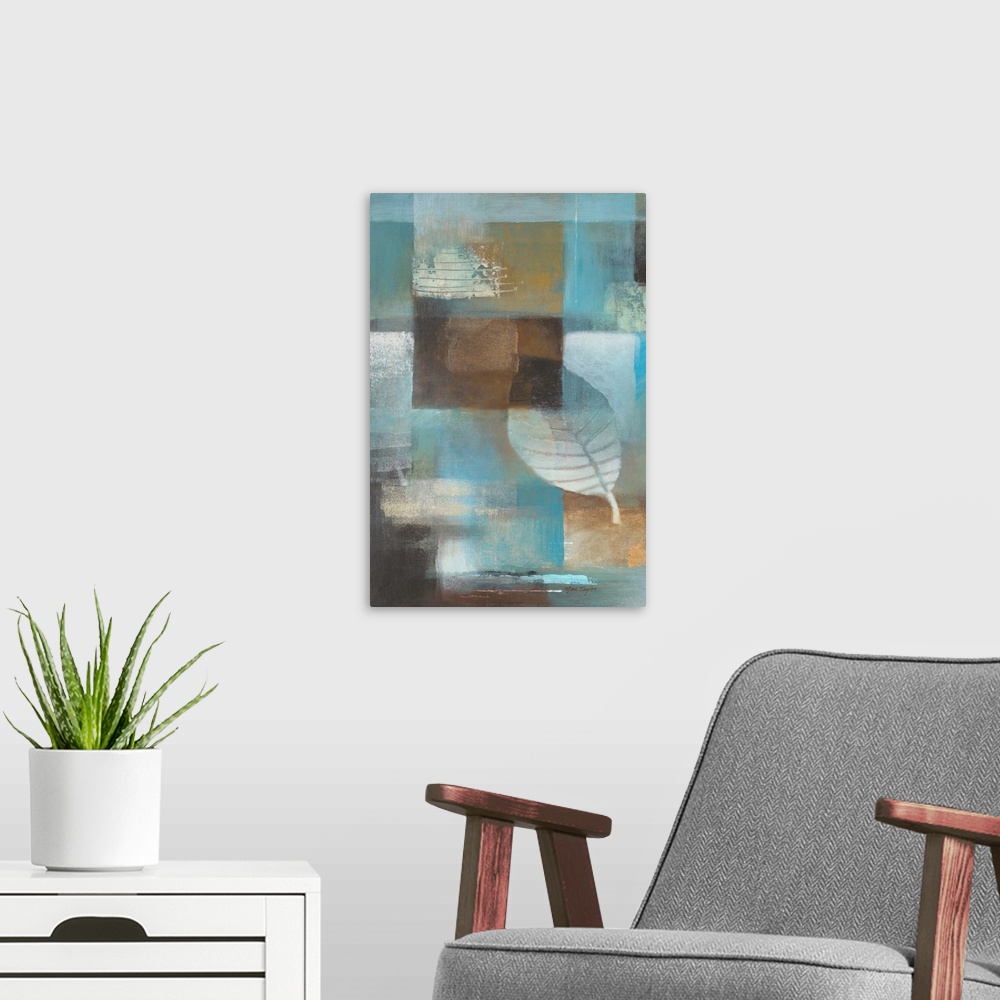 A modern room featuring Contemporary abstract painting of geometric shapes and leaves in cool tones.